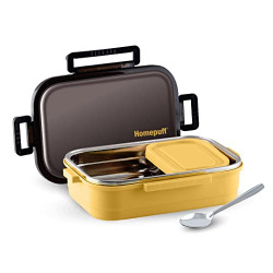 Home Puff Stainless Steel Insulated Lunch Box for School & Office, Free Spoon, Airtight Leak-Proof, Unbreakable Lid, Snacks Tiffin Box for Kids, Light Weight, Easy Clean, 800ml, Yellow, with Warranty