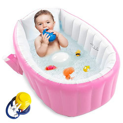 NIRVITTHAL Inflatable Baby Bath tub for Kids with Air Pump, Soft Cushion Central Seat, Foldable Shower Basin | Mini Air Swimming Pool for Kids | Baby Bath Tub for Baby Kids 6 to 36 Months (Pink)