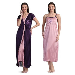 Shasmi Women's Satin Full Length Night Suit/Nighty/Nightdress/Night Gown for Women and Girls (Satin 9ty Pink Purple)
