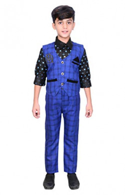 AHHAAAA Kids Ethnic Cotton Blend Waistcoat Shirt and Pant for boys (Blue,8-9 Yrs)