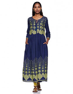 Amazon Brand - Myx Women's Rayon Screen Print Relaxed Kurta Dress (MA13_Navy_L)