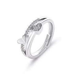 University Trendz Austrian Crystal Silver Plated Alloy Double Heart Shape Adjustable Ring for Women and Girls