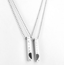 salaar 3D Vertical Silver And Silver Bar Heart Design King & Queen Couple Bar Pendant Rhodium Metal, Alloy Locket Set