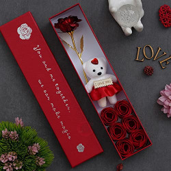 eCraftIndia Red Valentine's Day Gift Box with Teddy, Rose Showpiece, and 6 Flowers - Ideal Valentine's Day Gift for Your Husband, Wife, Girlfriend, or Boyfriend