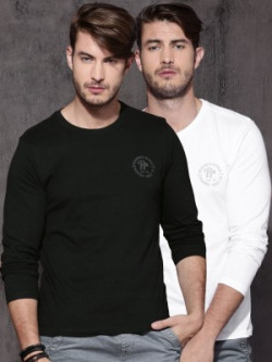Roadster Solid Men Round Neck White, Black T-Shirt