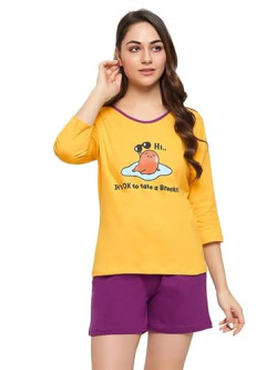 Clovia Women's Cotton Graphic and Text Print Top & Chic Basic Shorts Set (LS0661P07_Mustard_M)