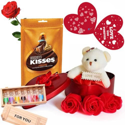 SKYTRENDS Valentine Day Gift - Girlfriend,Wife,Husband,Boyfriend Best Gift For Valentine Day Gift- Heart Shape Metal Box, 2 Chocolates, Rose & Greeting Card -01,300 g