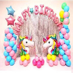 YNS CRAFTS STOCK Happy Birthday Decoration Set Of 49 Balloon 13 Happy Birthday Foil Balloon 1 Pink Star 1 Blue Star 18 2 Silver Curtain 2 Unicorn Foil Balloon 30 Pink Blue Metallic Balloon for Birthday Decoration