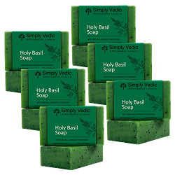 Simply Vedic 6-Pack Holy Basil/Tulsi Soap Bar For Body, Hand, Face. Made With Holy Basil Essential Oil, 100% Vegan Cold Pressed With Coconut Oil, Hand-Made, Gift Set For Men & Women (3.5 Oz. X 6).