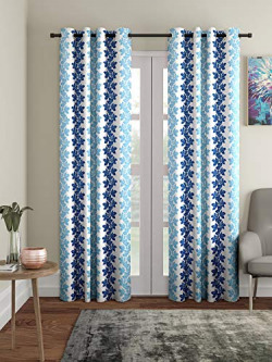Cortina 2 Piece Floral Design Panel Eyelet Polyester Door Curtains - 7 Feet, Blue
