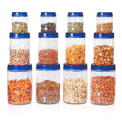 MILTON Hexa Plastic Pet Storage Jar, Set of 12 (4 pcs x 270 ml Each, 4 pcs x 665 ml Each, 4 pcs x 1.24 Ltrs Each), Blue | Air Tight Container | Kitchen Organiser | BPA Free