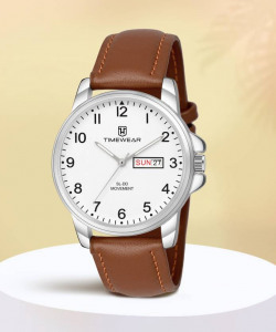 TIMEWEAR New Track Number Dial, Day & Date, Brown Leather Strap Analog Watch - For Men 305WDTG