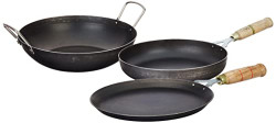 Amazon Brand - Solimo Sheet Metal Iron Cookware Set of 3 Pcs (Tawa 23 cm, Frying Pan 24 cm, Kadai 24 cm), Induction Friendly (Black)