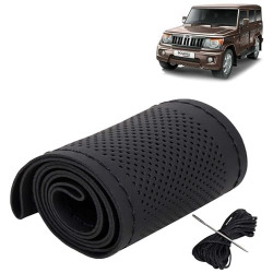 KINGSWAY PU Leatherite Car Steering Cover Sewable Compatible with Mahindra Bolero (Year 2020 Onwards), Black Color with Black Thread, Pack of 1 with Sewing Needle and Thread