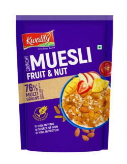 Kwality Muesli Crunchy 75g | 76% Multi Grains, Fruit & Nut | Natural Source of Vitamin & Iron | High in Protein & Fiber | Low Fat & Cholesterol | Healthy Food & Breakfast Cereal