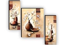 SAF Set of 3 Flower Pot Paintings for living room with frame Self Adeshive UV Textured MDF Framed Painting 12 Inch X 18 Inch SAF-JM7721