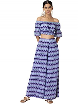 Indya Lilac Printed Off Shoulder Crop Top and Palazzo Pants (Set of 2)