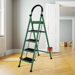 Cheston 5-Step MS Steel Home Ladder 5.1 FT, Anti-Skid 150+Kgs Green Steel Ladder(With Platform, Hand Rail)