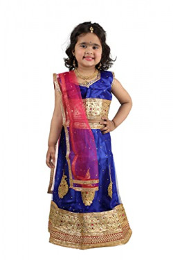 BookMyCostume Radha Lehenga Choli Kids Fancy Dress Costume for Girls with Jewellery - Premium - Blue 2-3 Years