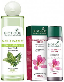 Biotique Bio Mountain Ebony Vitalizing Serum For Falling Hair Intensive Hair Growth Treatment, 120Ml And Biotique Basil & Parsley Body Wash, Transparent, 200 Ml