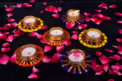 Collectible India Metallic Diya Tealight Candle Holders - Assorted Gota Patti Mix Color Flower Design Candle Holder for Home Decoration - Diwali Gifts - Candles for Diwali Decoration (Pack of 4)