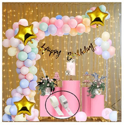 HK balloons Girl's Pastel Balloons with Calligraphy Birthday Banner Hand Balloon Pump and Glue Dot, Balloon Arch with LED Lights - Multicolor - 87 Pieces ,Aluminium