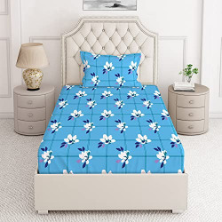 Layers 100% Cotton Bedsheet for Single Bed with 1 Pillow Cover (Floral Pattern, Blue) Light Weight, Breathable, Moisture Absorbent, All Season Comfort, Classic Collection