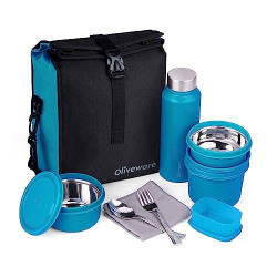 SOPL-OLIVEWARE Teso Elite Pro Lunch Box with Steel Cutlery, BPA free Lids, 3 Microwave Safe Inside Steel Containers (290ml, 450ml & 600ml), Plastic Pickle Box (130ml), Steel Water Bottle(750ml) - Blue