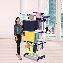 Happer Premium Stainless Steel Double Supported 4 Layer Cloth Drying Stand with Thread Lock Mechanism and Breaking Wheels (King Jumbo, Blue)