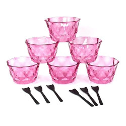 DeoDap Ice Cream Bowl Set of 6 with Spoon, Pudding Set, Dessert Bowl Set with Spoon and 6 Pieces Spoon (Assorted/Pink Color)
