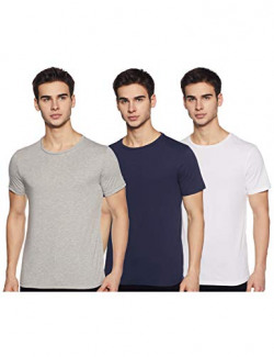 Amazon Brand - Symbol Men's Solid Regular Fit T-Shirt (Pack of 3) (AW17PLPO3-1_White, Lt.Grey Melange, Iris Navy M)