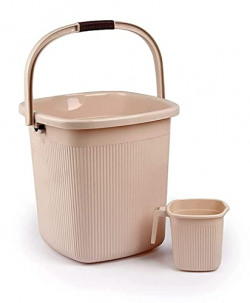 Nayasa Strong Plastic Rimmy Bucket Mug Bathroom Set of 2 for Kitchen & Bathroom (Ivory, 25 Liter)