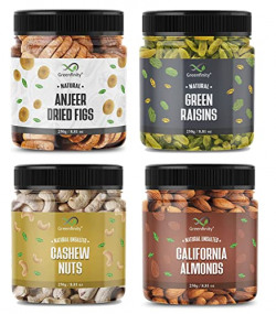 GreenFinity Dry Fruits Combo Pack - 1kg (Almonds, Cashews Nuts, Green Raisins, Anjeer - 250g) - All Premium.