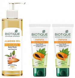 Biotique Papaya Deep Cleanse Face Wash For Visibly Glowing Skin All Skin Types 2x100ml & Biotique Almond Oil Ultra Rich Body Wash 200ml