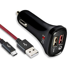 boAt Dual Port Rapid 120V Car Charger (Qualcomm Certified) Smart Charging for Cellular Phones with Quick Charge 3.0 + Free Type C USB Cable Black