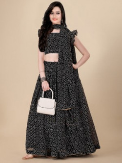 Divastri Bandhani, Printed Semi Stitched Lehenga Choli(Black)