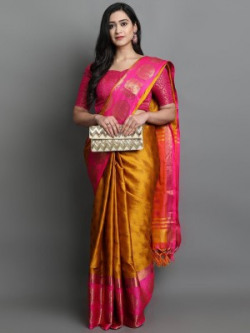 VILLAGIUS Woven Dharmavaram Jacquard Saree(Gold, Pink)