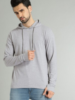 Roadster Self Design Men Hooded Neck Grey T-Shirt