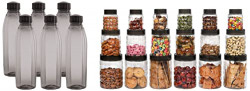 Cello Checkers Plastic PET Canister Set, 18 Pieces, Clear & Cello Crystal PET Bottle Set, 1 Litre, Set of 6, Black