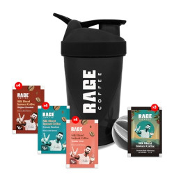 Rage Coffee - Silk Blend Assorted Sachets, Pack of 15 (3 Classic, 4 Creamy Hazelnut, 4 Vanilla Velvet & 4 Belgian Chocolate) + Free Multi-purpose Shaker | Perfect for Gym, Protein Shakes & Coffee