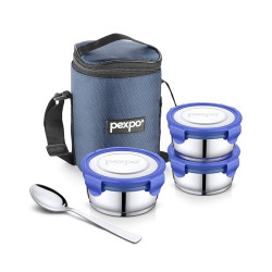 PEXPO Stainless Steel Lunch Box with 3 Air-Tight Containers(900ml) & 1 Spoon with Bag, Blue, Click Meal | Portable & Durable | Easy to Carry | Leak Proof | Food Grade | Light Weight