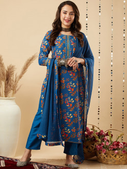 KALINI Floral Printed Regular Mirror Work Kurta with Trousers & Dupatta