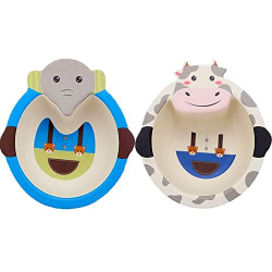 Crackles Bamboo Fiber Bowl Set Eco Friendly Bamboo Fiber Cute Cartoon Bear and Elephant Design Bowl Set for Baby Utensils Feeding Bowl Tableware for Kids and Toddlers (Multicolor, Pack of 2)