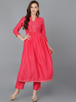 AHIKA Ethnic Motif Printed Band Collar Gotta Patti Kurta With Trousers