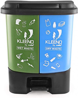 CELLO Duo Plastic Step-On Pedal Dustbin for Wet and Dry Waste| 2 In 1 Dustbin Trash Can/Plastic Garbage Bins with Lid for Home Kitchen | (35 Liters, Green and Blue)