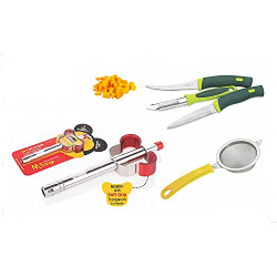 Ritu Stainless Steel Mickep Grip Gas Lighter, Knife Set and Strainer Combo Pack for Kitchen Tools
