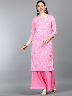 AHIKA Women Pink Bandhani Printed Kurta with Palazzos & With Dupatta