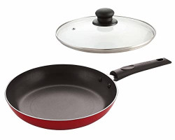 NIRLON Non Stick Coated Aluminium Gas Compatible Tapper Pan/Omelette Pan/Fry Pan/Tapper Fry pan 18 cm with Glass Lid