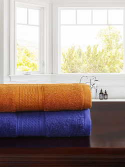 MYTRIDENT Mustard Blue 2 Pieces 450 GSM Pure Cotton Bath Towel