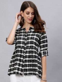 Jaipur Kurti Women Black & White Checked Roll-Up Sleeves Cotton Shirt Style Top